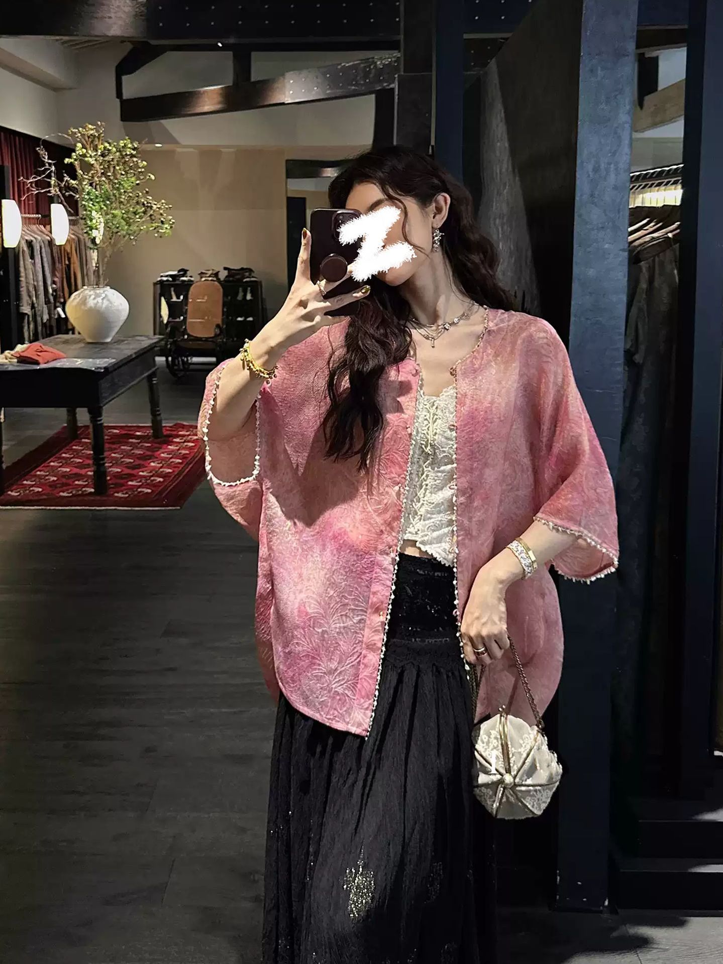 Áo khoác cardigan nữ họa tiết loang màu phong cách tân cổ điển, tay ngắn, dáng rộng — Xanh liễu, Xanh trời, Bột đào, Thải Đường chi tiết 1