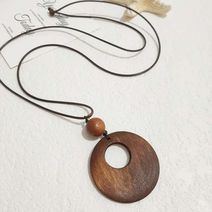 Foreign trade new wooden love ring pendant leather rope pendant women's sweater chain retro simple long necklace