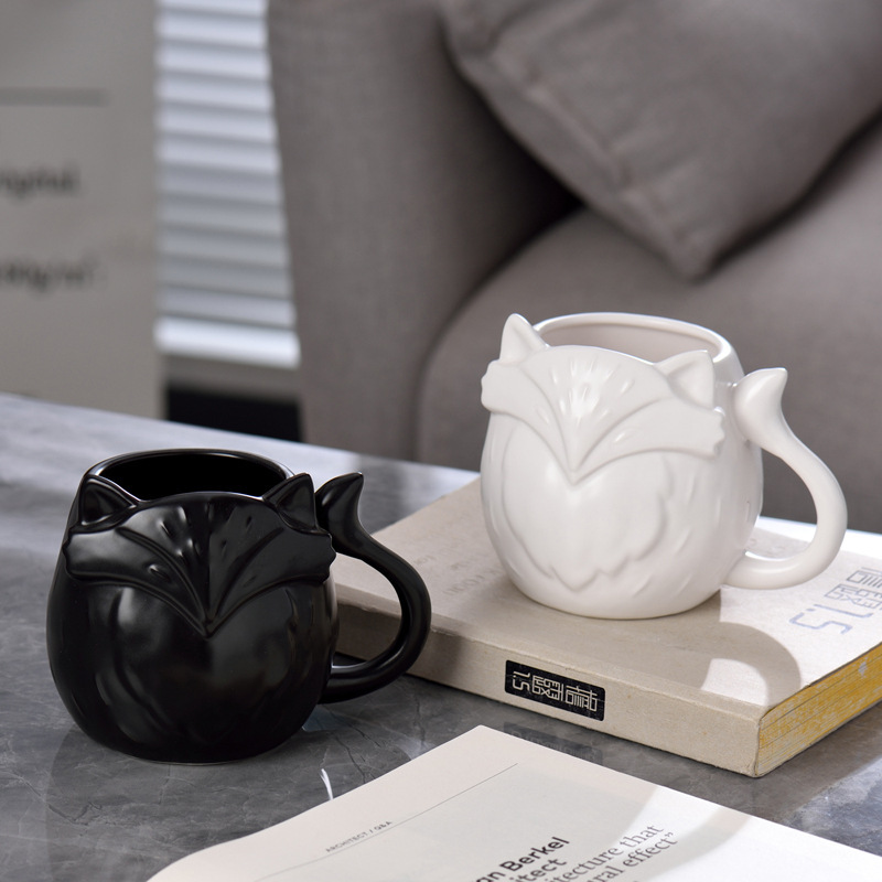 Halloween Black and White Fox Water Cup, Creative Mug, Ceramic Cup, Office Coffee Cup, Milk Cup, Simple Design