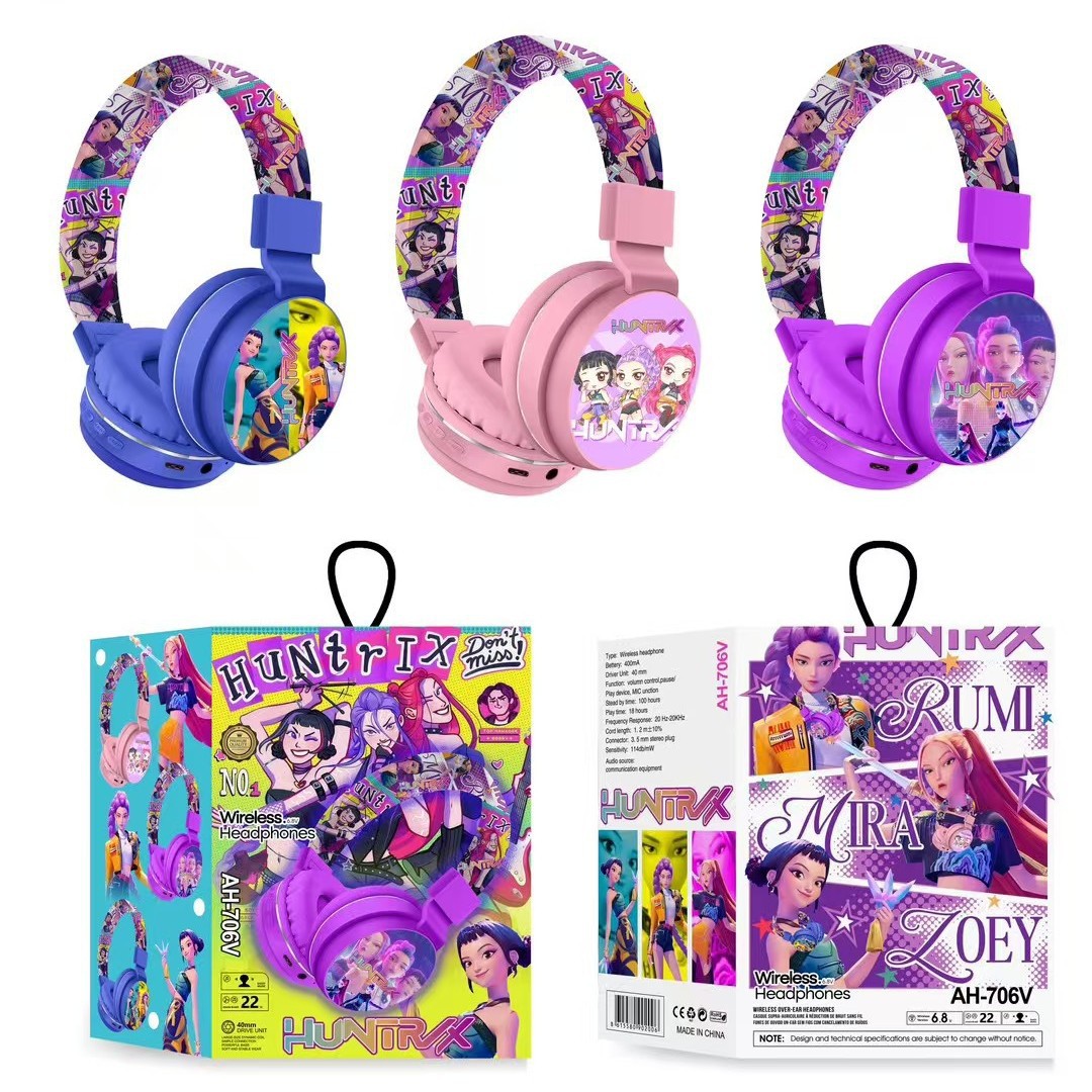 ah-706v cross-border new cartoon headset for girls hunting group cute children‘s headset stereo bluetooth earphone
