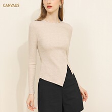 CANVAUS秋装新款长袖T恤女圆领修身通勤开叉打底衫一件代发包邮