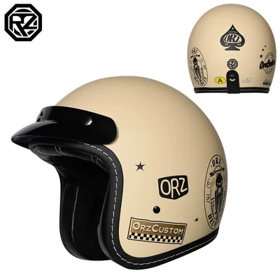 Motosiklet kaskı (dəbilqə) — 3/4 Helmet, Retro Half Helmet, Motorbike Helmet - beige-badge-m