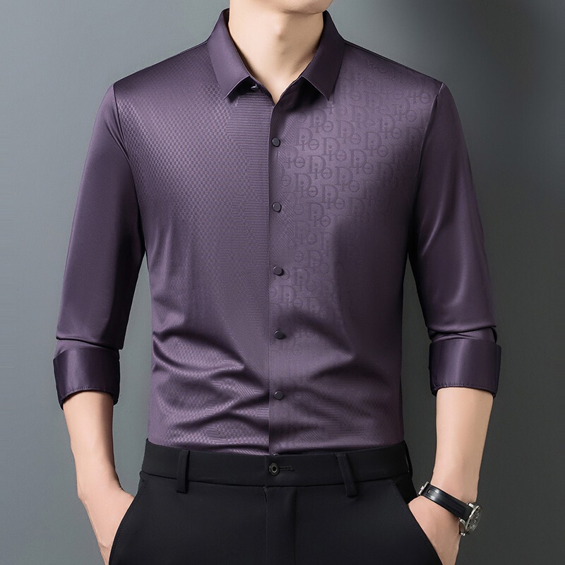 Silk thin seamless printed long-sleeve shirt for men, spring and autumn simple casual anti-wrinkle shirt for middle-aged dads