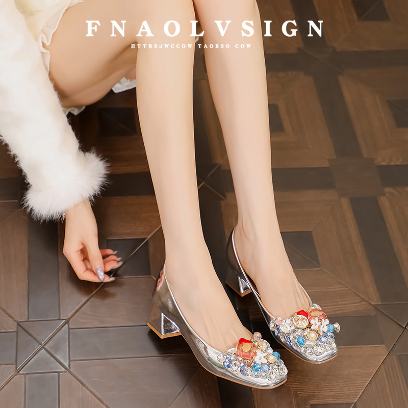 8333-23 French-style elegant rhinestone evening shoes for women, new fairy-style chunky heel shoes to match skirts, large size women's shoes