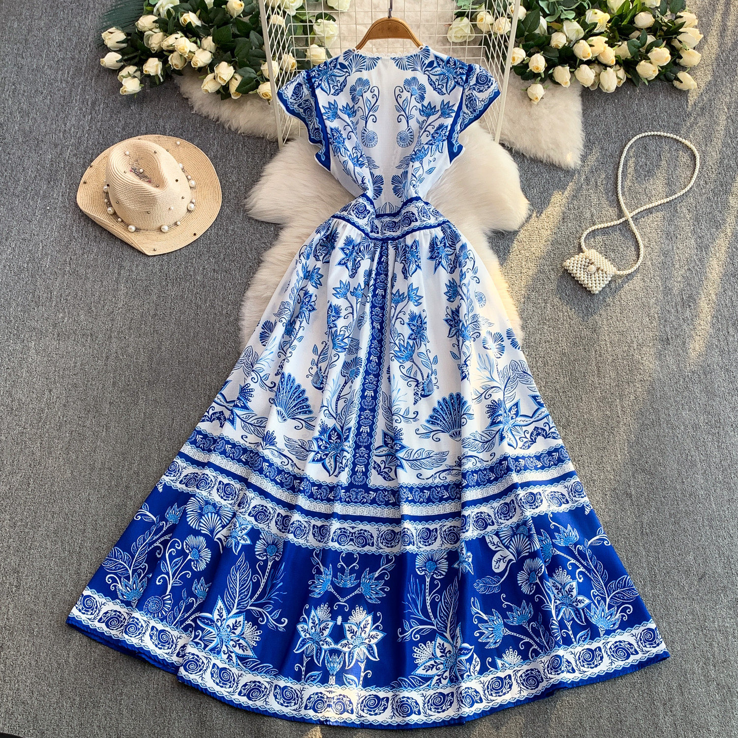 Women's European American Retro V Neck Dress Lace Trimmed Floral Print Fitted Waist Long Skirt Elegant Spring Autumn Wear_ecoleips.com