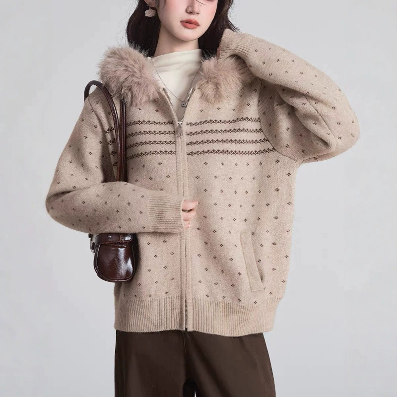 YS Cross-Border Korean Style Loose Versatile Cardigan Sweater for Women, New Autumn/Winter Fair Isle Hooded Fur Collar Thick Knit Sweater