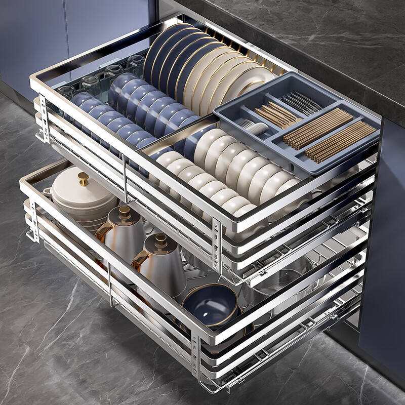 304 Stainless Steel Kitchen Basket Cabinet Basket Double-Layer Bowl Basket Cabinet Basket Drawer-Type Basket Dish Rack 304 Stainless Steel Kitchen Basket Cabinet Basket Double-Layer Bowl Basket Cabinet Basket Drawer-Type Basket Dish Rack