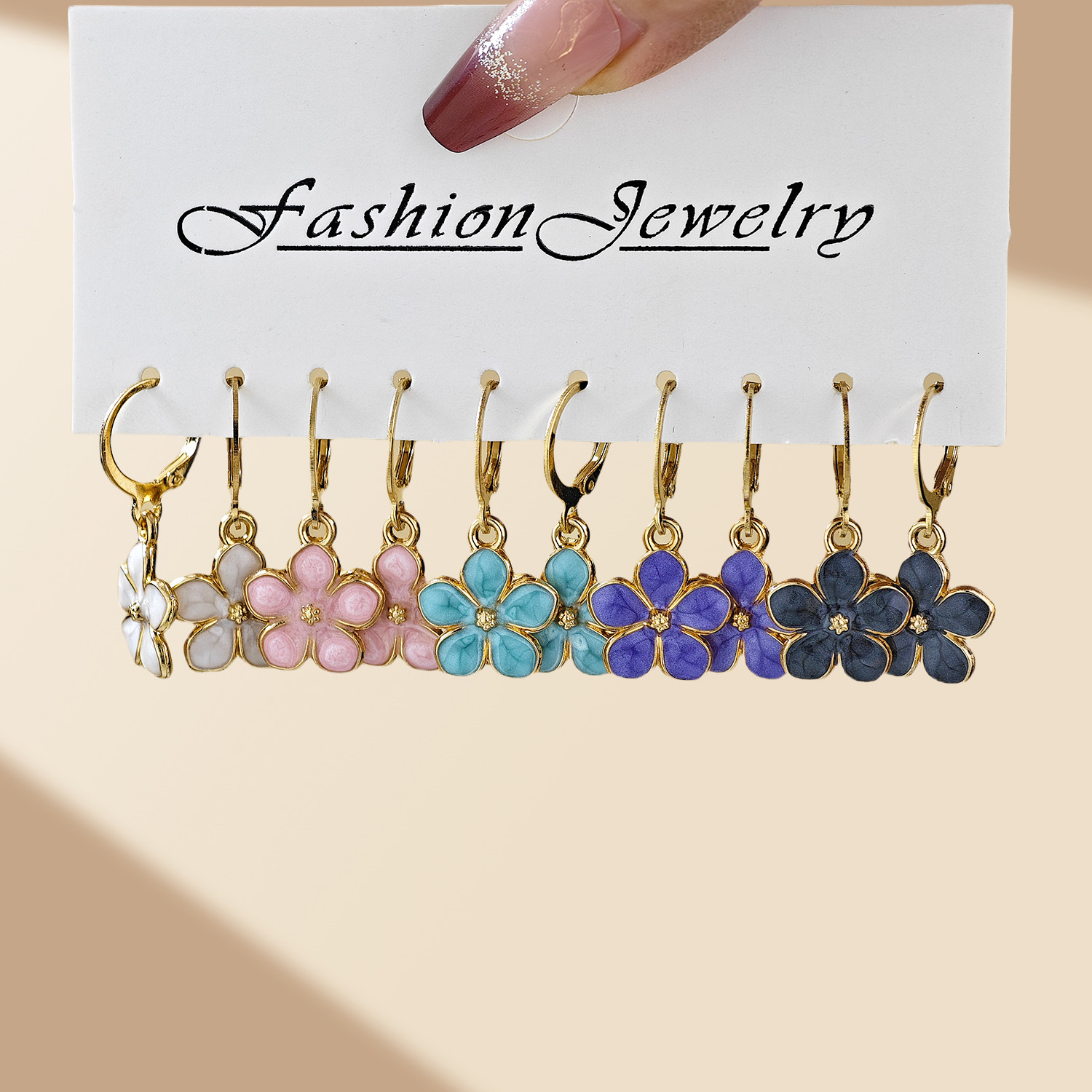 Juego de pendientes de aleación con diseño de flor de cerezo, estilo europeo y americano, superventas transfronterizo, diseño de nicho, con efecto de goteo de aceite y colores vibrantes, venta al por mayor
