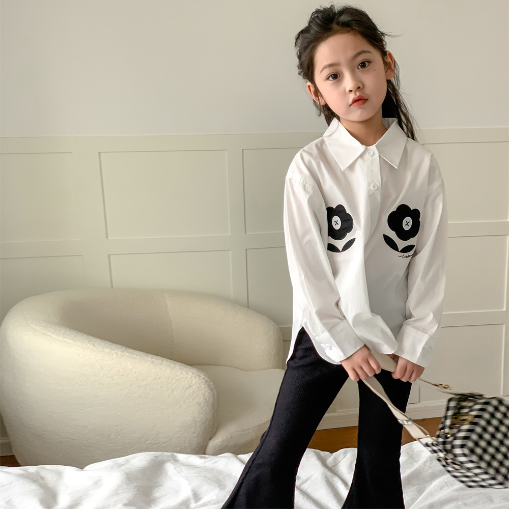 Camisa para niños 2024 primavera estilo coreano ropa para niños camisa de manga larga con bordado de flores para niñas camisa de media longitud para bebés para niños medianos y grandes