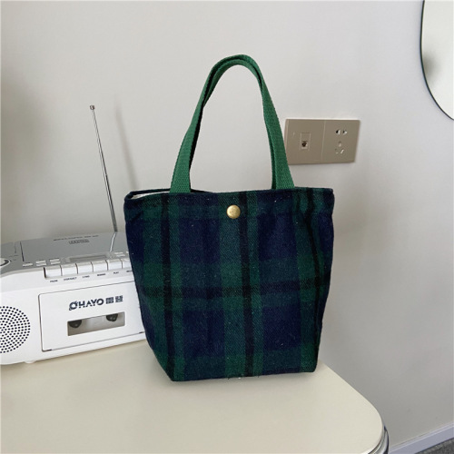08181 Japanese and Korean simple ins woolen lunch bag literary and fresh plaid handbag striped retro women's bag