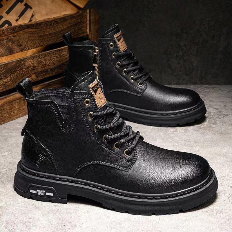 2025 New Autum Douyin Same Style Boots Men's Retro High-Top Casual Leather Shoes Genuine Leather Workwear Thick-Soled Short Boots