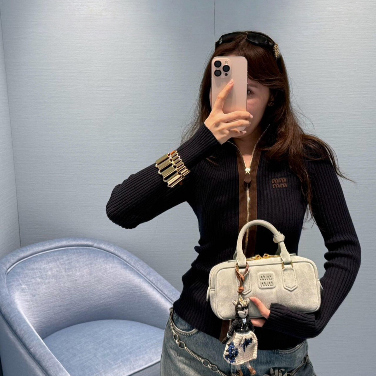 Stand Collar Knitted Cardigan Zipper Embroidered Color Block Pit Top Gray Fine Plaid Tweed Woolen Skirt Tutu Skirt