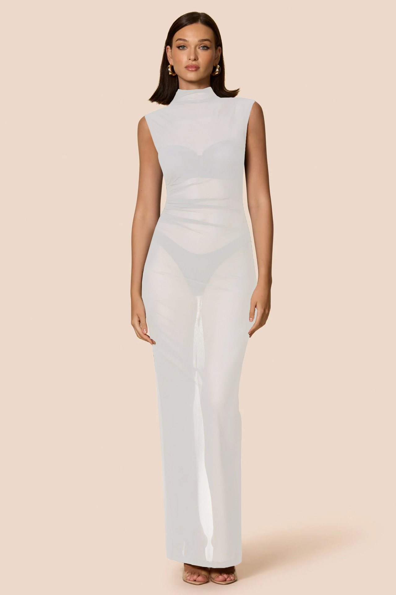 2025 European And American Style Summer New Sexy Women's, Slim-fit Sheer Stand-up Collar Sleeveless Back-slit Mesh_ecoleips.com
