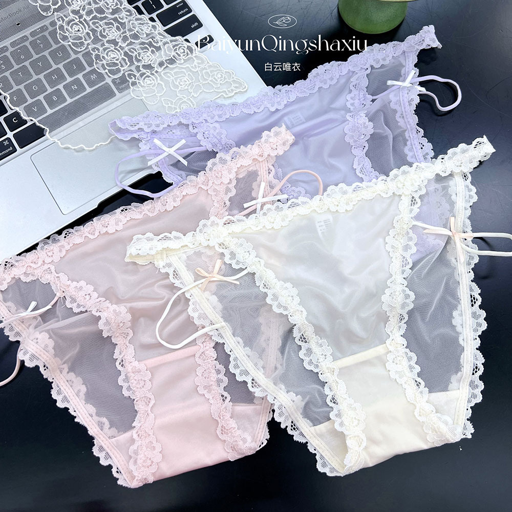 Sexy Lace Low-Waist Triangle Panties with Pure Cotton Crotch, Breathable and Thin Style for Women