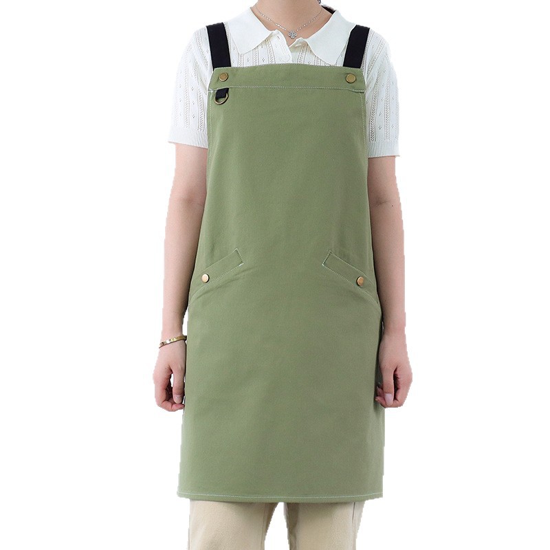 Delantal de algodón transfronterizo personalizado logotipo de botón de bolsillo diagonal correa ajustable camarero ropa de trabajo delantal doméstico