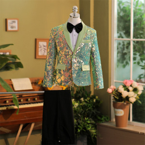 Green sequins jazz dance blazers for kids boys toddlers handsome music production pino performance coats and pants flower boys wedding birthday party dress suit