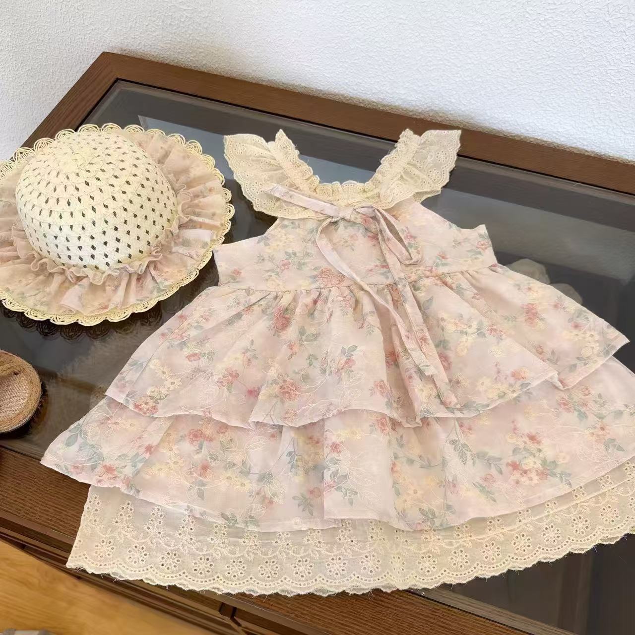 [Xianning Seven] Flores de cerezo originales ~ Vestido de encaje floral suave con mangas pequeñas y dulces de verano para niñas