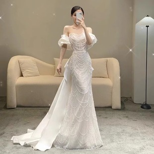 Tube Top Pearl Dress New Bridal Fishtail Heavy Industry Wedding Dress Socialite Accessible Luxury Niche Sequin Annual Meeting Evening Dress Autumn