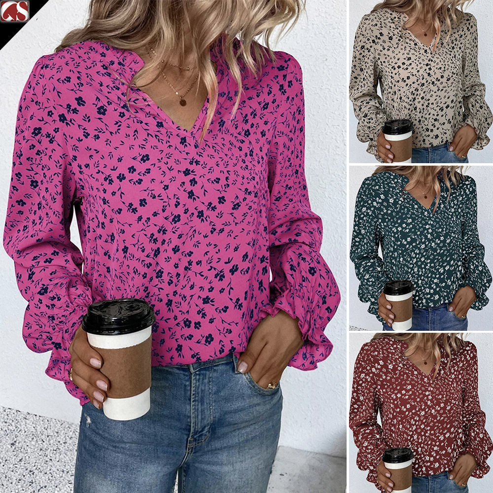 Oferta especial para exportación: Camisa estampada de manga larga con volantes y cuello en V, estilo floral, para mujer, de otoño, para Amazon y eBay.
