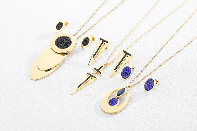 European and American Style Fashion Trend Titanium Steel Rhinestone Glass Geometric Necklace and Ear