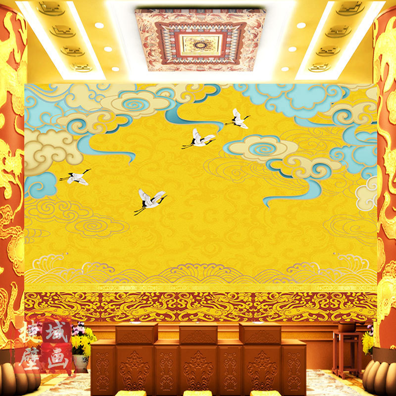 鶴と雲の絵仏殿壁紙中国風丹頂鶴仙堂香台黄金蓮壁紙禅天井壁画|undefined