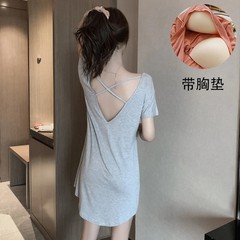 抖音爆款美背睡裙带胸垫莫代尔睡衣夏季薄款家居服交叉露背中短裙