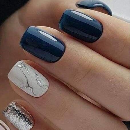 Marble Pattern Glitter Powder Medium Long Square Head Wear Armor Haze Blue silver Phototherapy Wearable Manicure Stickers Fake Nails