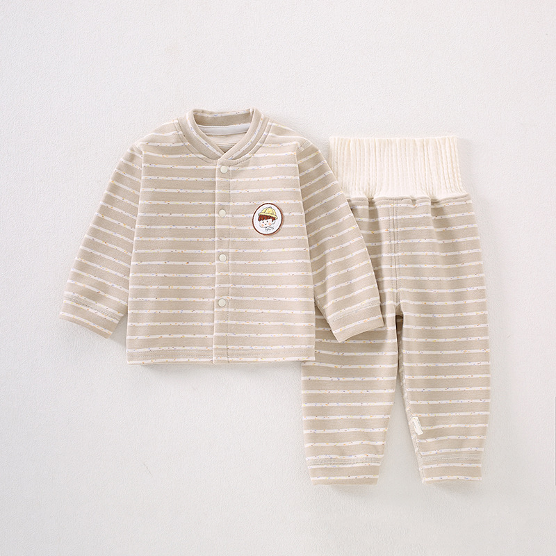 Baby Clothes Wool Silk Striped Thermal Underwear Fleece High-Waisted Autumn Clothes and Pants Baby Two-Piece Set Autumn and Winter