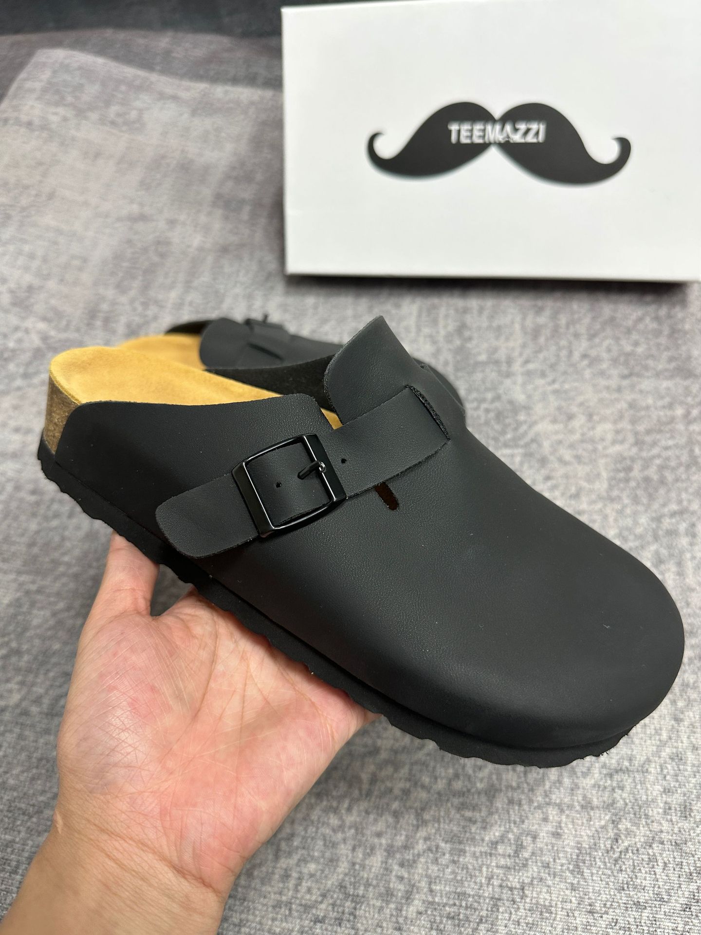TEEMAZZI ganado de vello con zapatillas de cuero perezosas, zapatillas de moda versátiles con base de corcho Bocken image 8