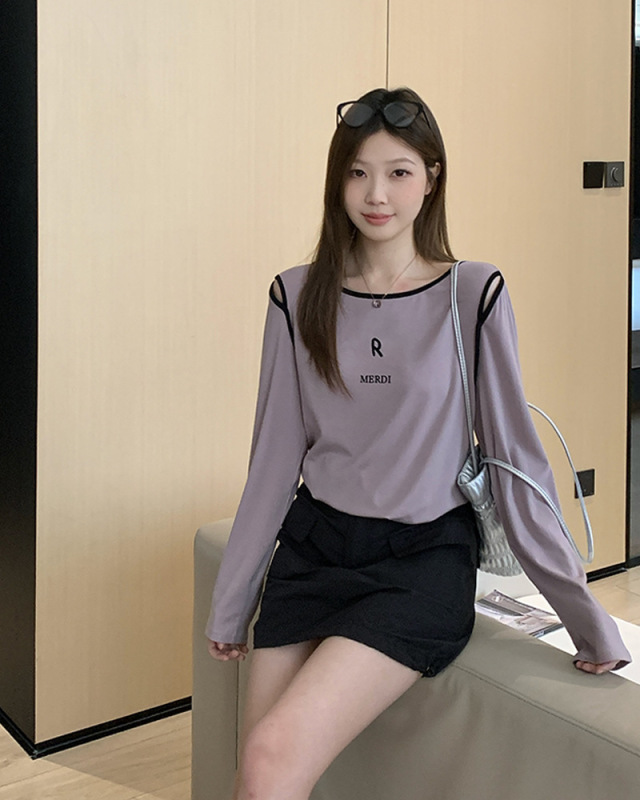 实拍2025秋季新款大码女撞色拼接露肩长袖t恤设计感小众上衣64022|undefined