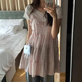 小清新甜美木耳边格纹外搭吊带连衣裙少女春夏季叠穿宽松减龄短裙