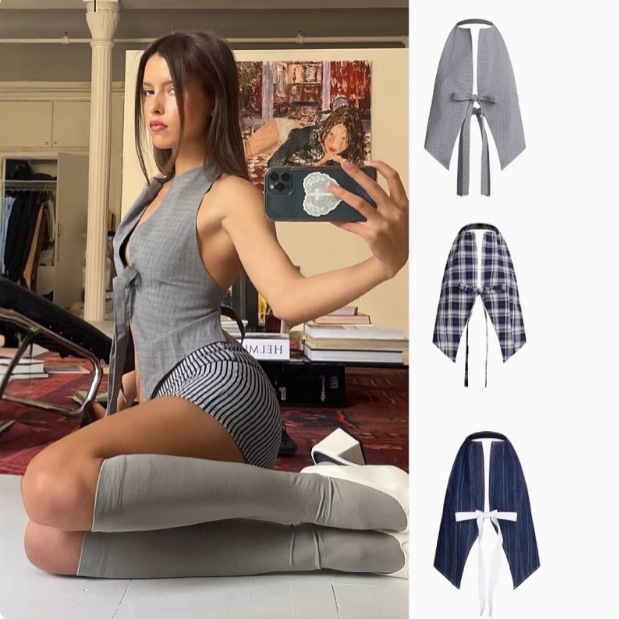 现货Lioness性感辣妹挂脖露背西装蝴蝶结系带修身上衣背心吊带