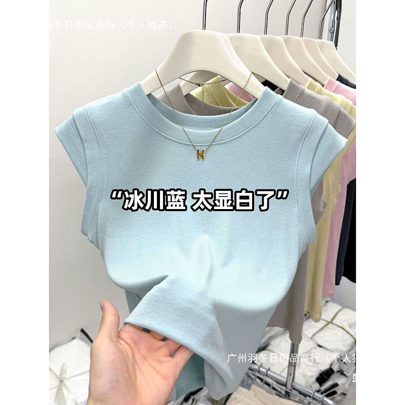 Новая летняя синяя футболка с короткими рукавами и круглым вырезом, женская дизайнерская ниша, тонкий модный короткий топ без рукавов