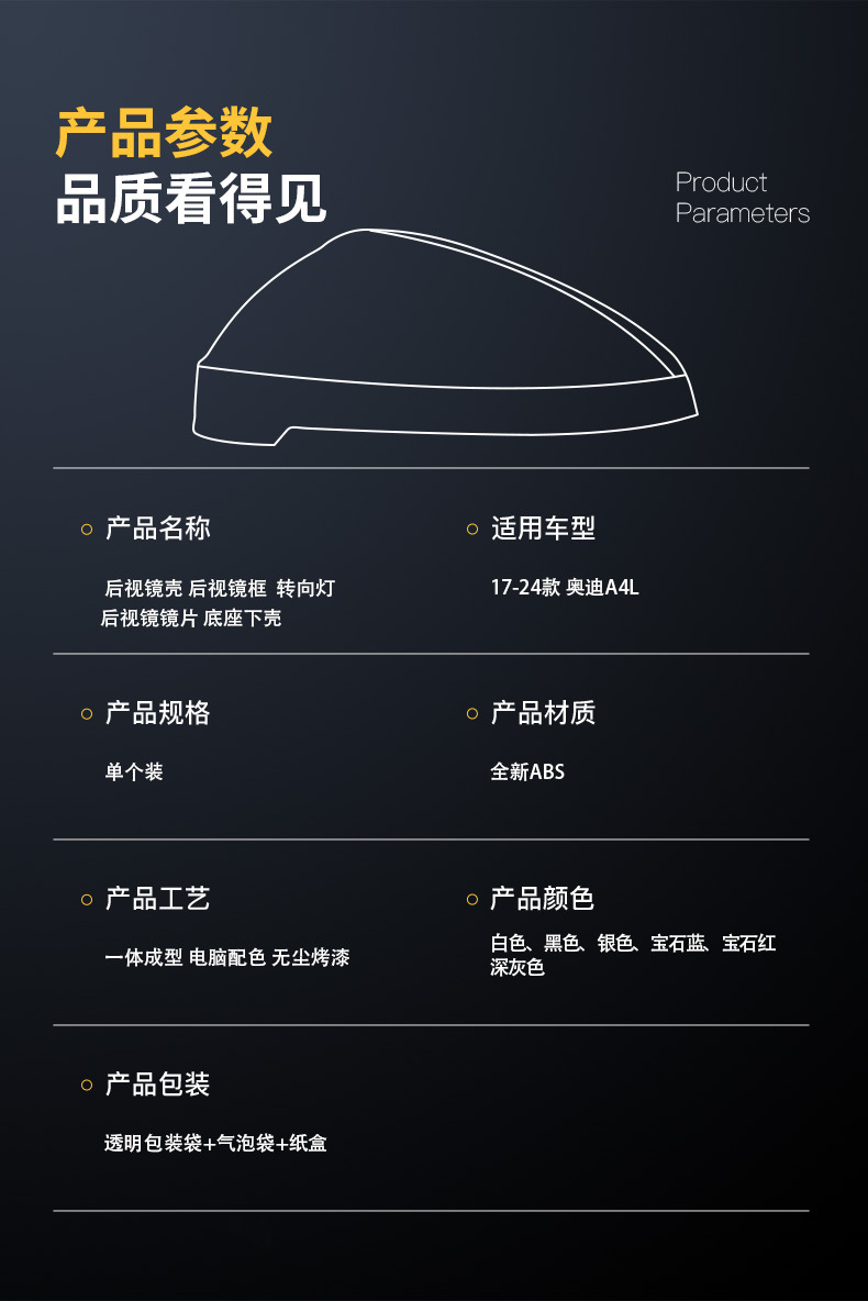 Suitable for 17-24 Audi A4L rearview mirror housing, A5 reflector lens, A4L reversing mirror, turn signal base shell