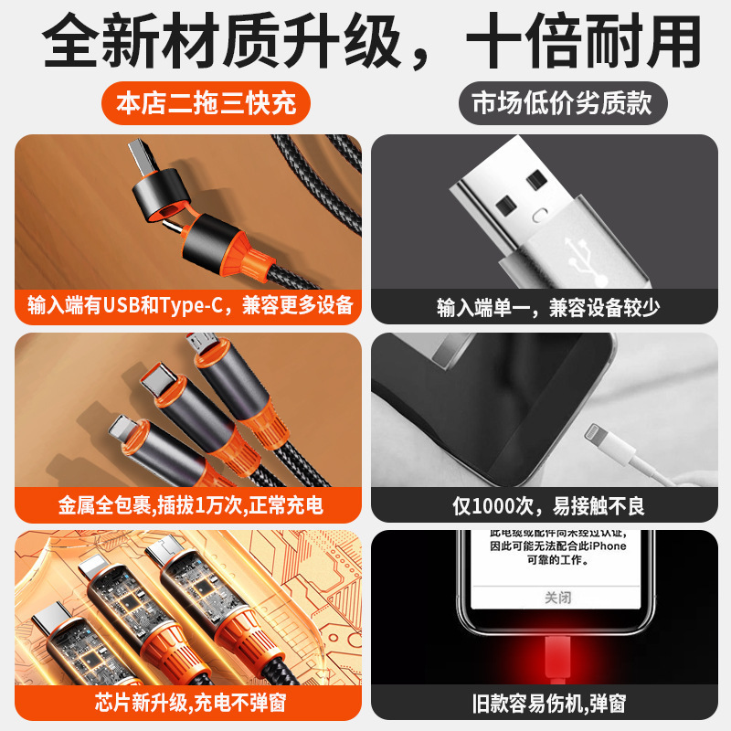 新しい 100 ワット高速充電データケーブルナイロン編組 6A 2 対 3 充電ケーブル 1 対 3 多機能データケーブル|undefined