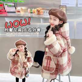 女童秋冬外套新款中长款加厚儿童宝宝呢大衣2025冬季连帽女孩洋气