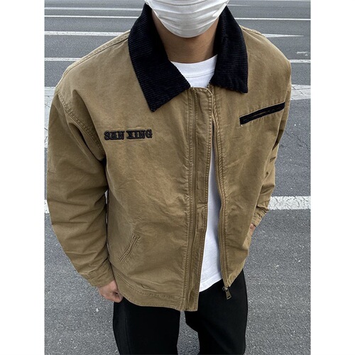 Puffer Collar Jacket Early Autumn Outerwear Men 2025 New Arrival Loose Casual Washed Letter Embroidery Trendy Unisex Top