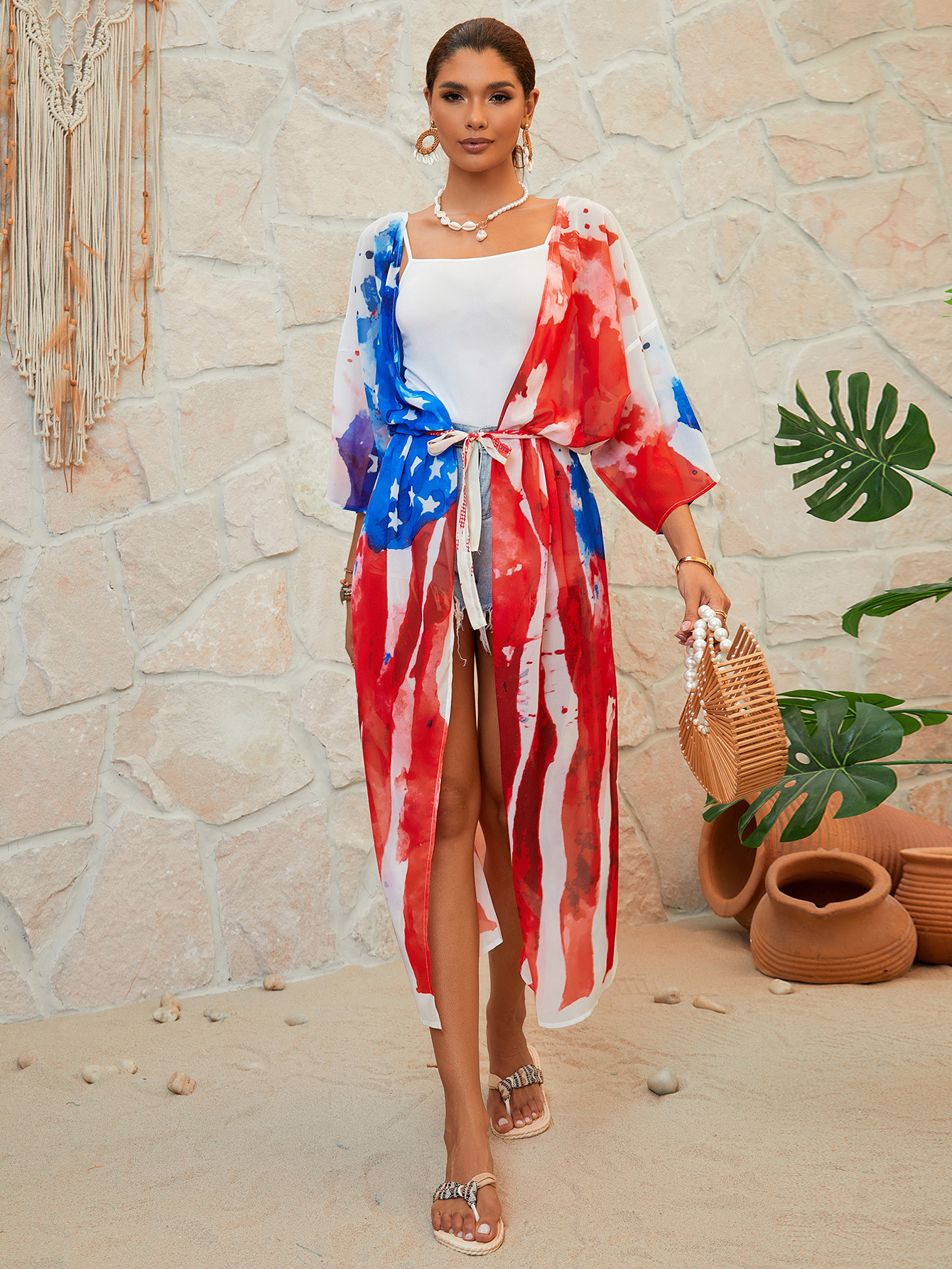 Bandera europea y americana impresa vacaciones cardigan playa trajes de baño con bikini camisa XF296