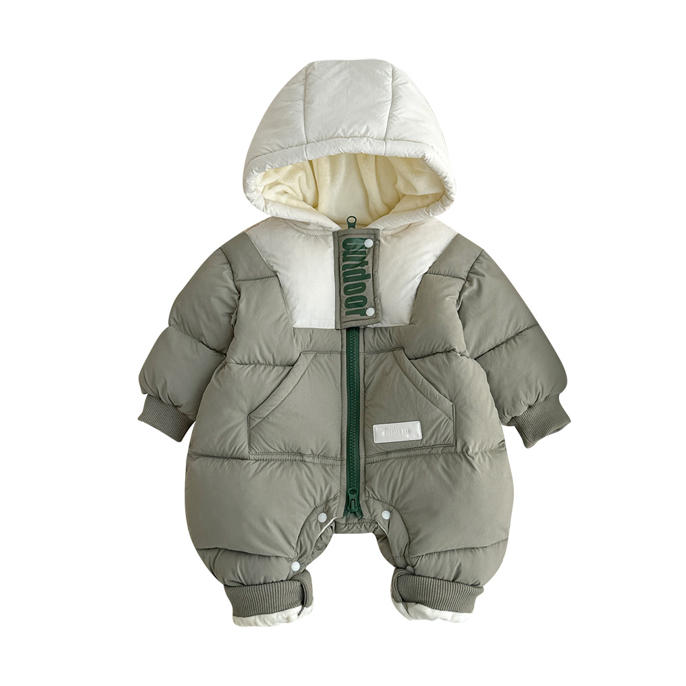 Ropa de una pieza coreana de color de contraste al aire libre para bebés y niños pequeños Ropa de exterior acolchada de terciopelo para hombres y bebés