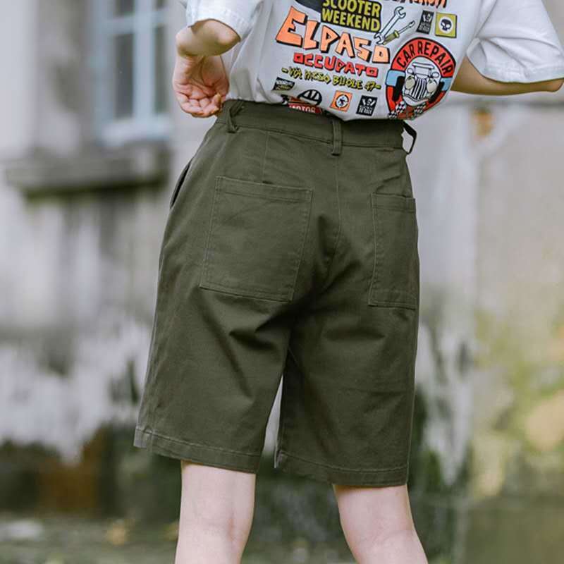 Army Green Work Shorts for Women, Summer Casual Loose-Fitting Japanese-Style Straight-Leg Shorts, Hong Kong Style Five-Point Shorts for Women, Suitable for Wearing Outside
