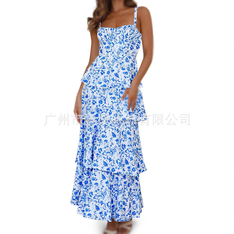 국경 간 유럽과 미국 2025 아마존 여름 새로운 슬링 인쇄 원피스 다시 레이스 비치 휴가 원피스