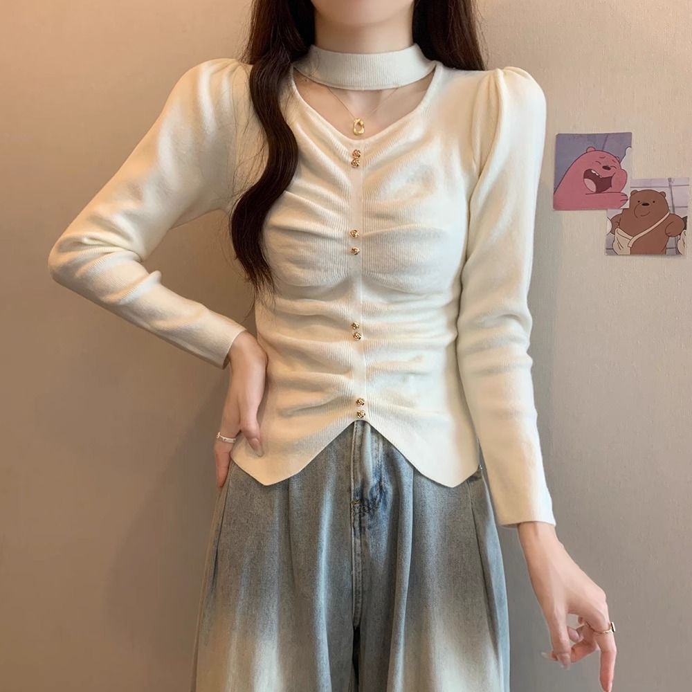 挂脖v领漂亮针织小衫秋冬辣妹修身打底衫感洋气正肩短款上衣