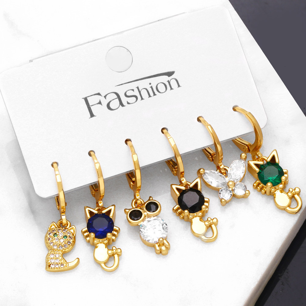 Fashion Cat Butterfly Copper Drop Earrings Inlay Zircon Copper Earrings 6 Pieces