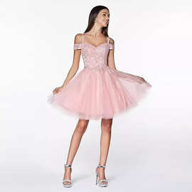 亚马逊闪亮蕾丝贴花同学会礼服青少年露肩薄纱短款舞会吊带礼服