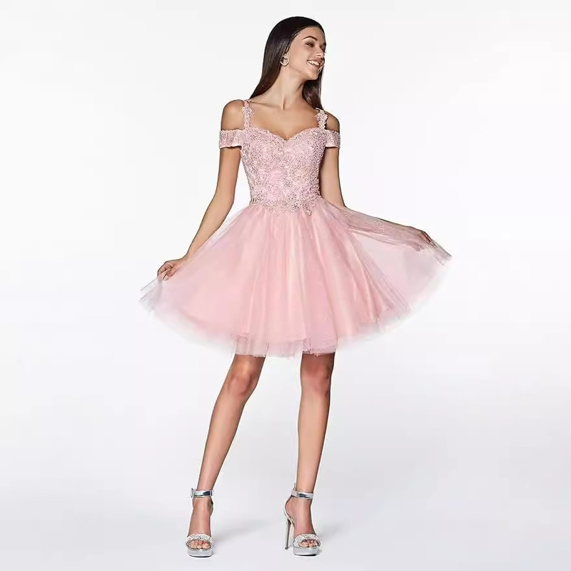 Amazon Shiny Lace Appliques Homecoming Dresses Teens Off the Shoulder Tulle Short Prom Sling Gowns