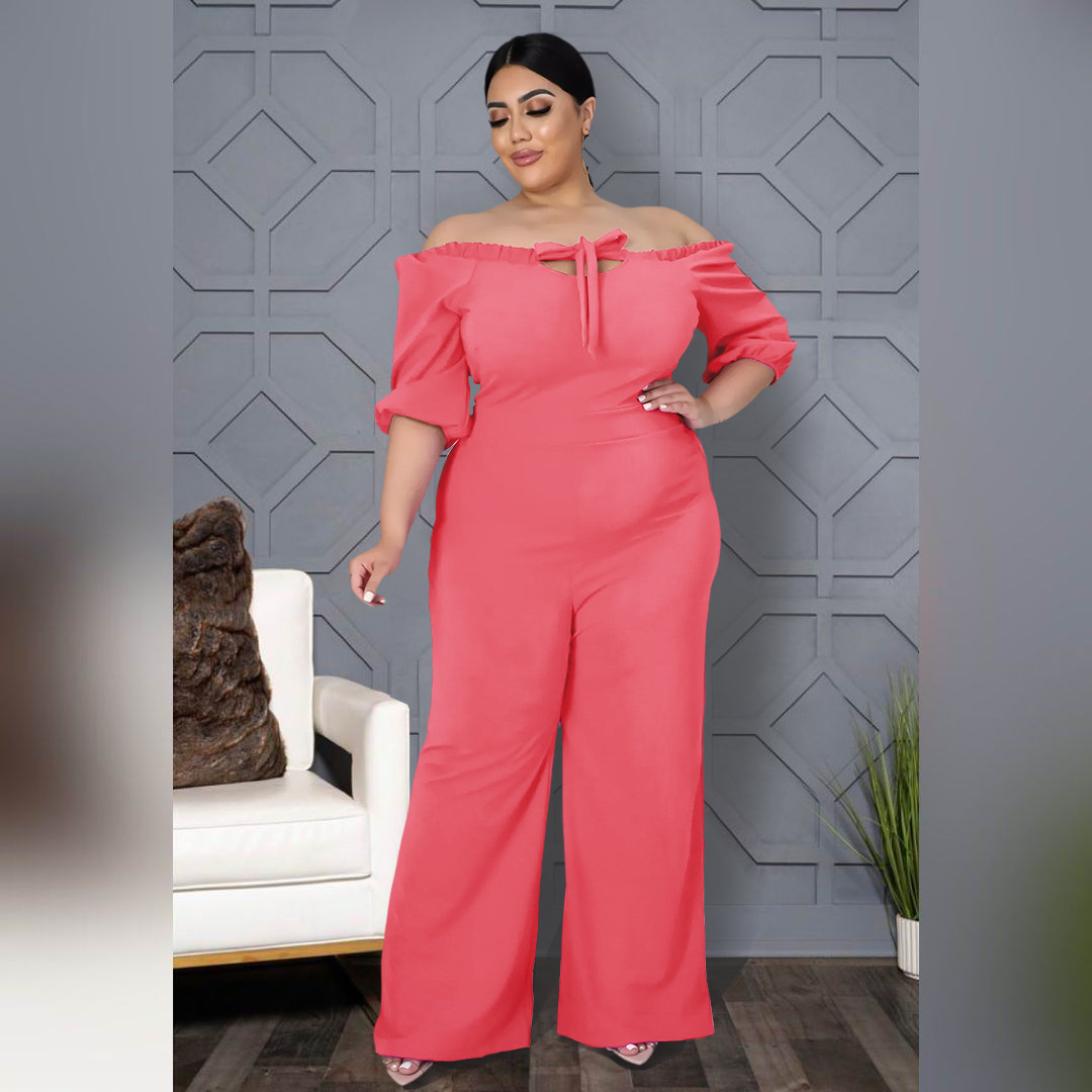 plus size solid color one-shoulder straps wide-leg jumpsuit NSASL128384