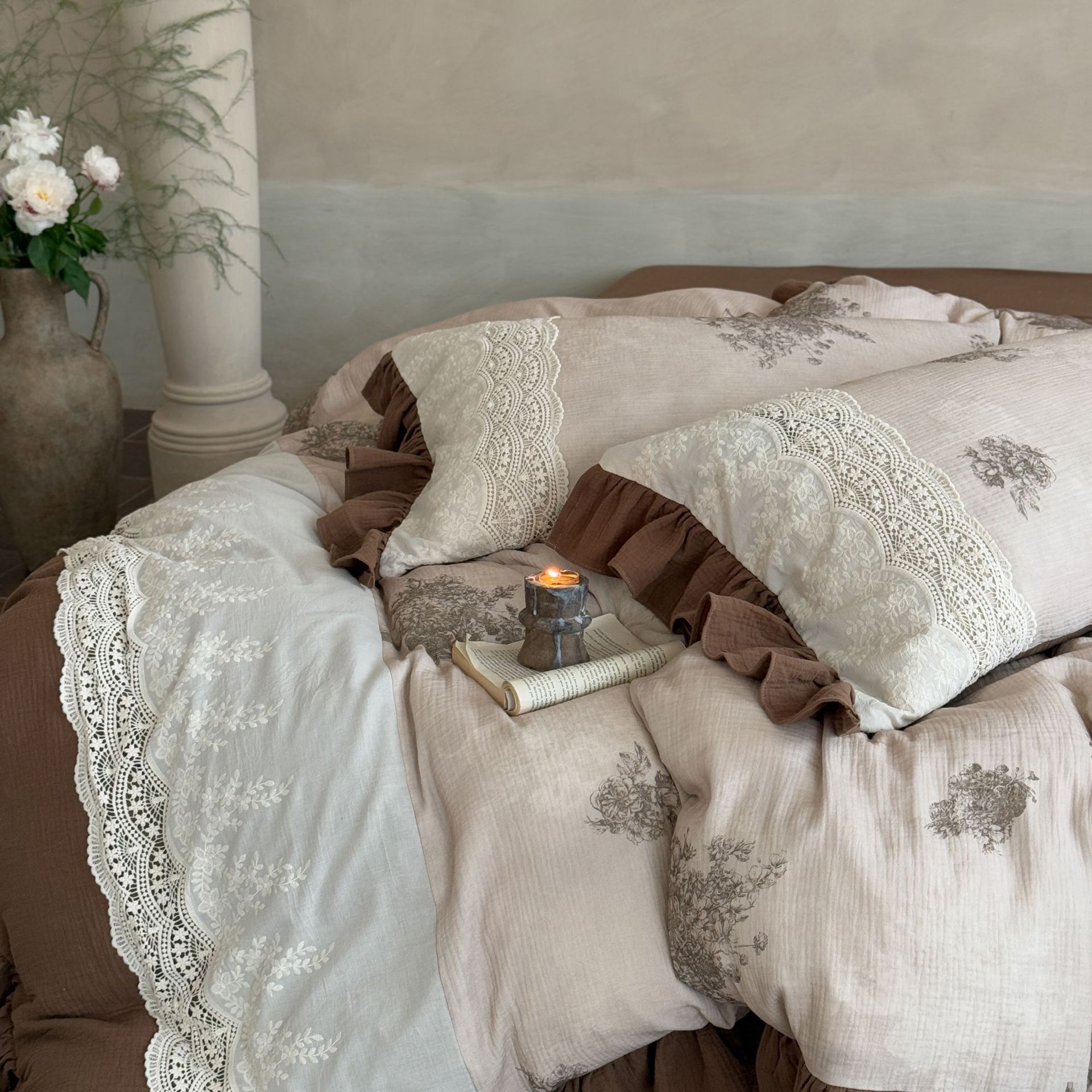 Conjunto de capa de edredão vintage boho francês em algodão e renda_voghion.com