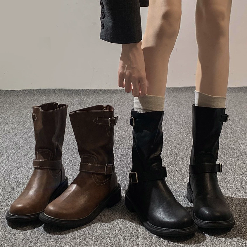 Женские ботинки в стиле ретро с массивным каблуком в американском британском стиле, новые летние универсальные ботинки до середины икры, увеличивающие рост, 2025 года.