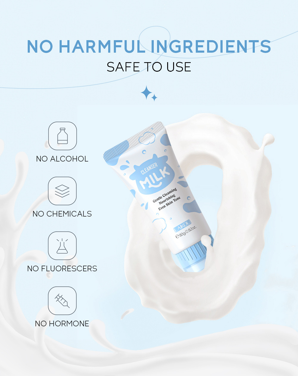 Cross-border LAIKOU Milk Facial Cleanser 80g hydrating, moisturizing, pore-cleaning and nourishing, factory in stock wholesale undefined