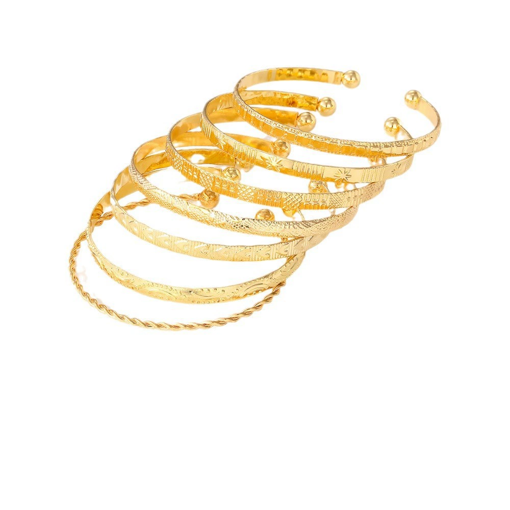 Bracelet Set European Style, 7-Piece Gold-Tone Stackable Cuffs, Mixed Patterns